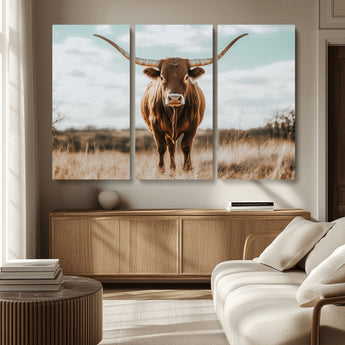 39350715-MGV-CV-36X24-Texas Longhorn Wall Art Canvas Print, Framed Longhorn Cow Art Picture Print, Western Cattle Perfect Rustic Western Decor Artwork