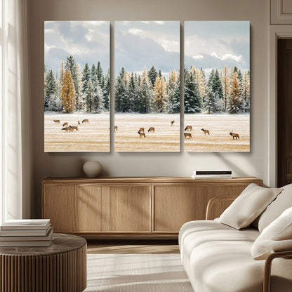 64188182-MGV-CV-36X24-Elk Herd Wall Art Canvas Print, Framed Snowy Forest Art Picture Print, Forest Elks Perfect Neutral Rustic Decor Artwork