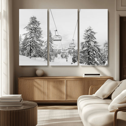 55003599-MGV-CV-36X24-Snowy Ski Lift Wall Art Canvas Print, Framed Winter Forest Art Picture Print, Ski lift Ride Perfect Winter Lodge Decor Artwork