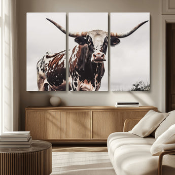 95249234-MGV-CV-36X24-Texas Longhorn Wall Art Canvas Print, Framed Spotted Bull Art Picture Print, Horned Cattle Perfect Rustic Farmhouse Decor Artwork