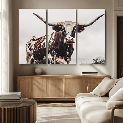 95249234-MGV-CV-36X24-Texas Longhorn Wall Art Canvas Print, Framed Spotted Bull Art Picture Print, Horned Cattle Perfect Rustic Farmhouse Decor Artwork