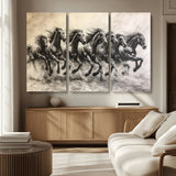 56089591-MGV-CV-36X24-Galloping Horses Wall Art Canvas Print, Framed Wild Stallions Art Picture Print, Horse Herd Sketch Perfect Monochrome Dynamic