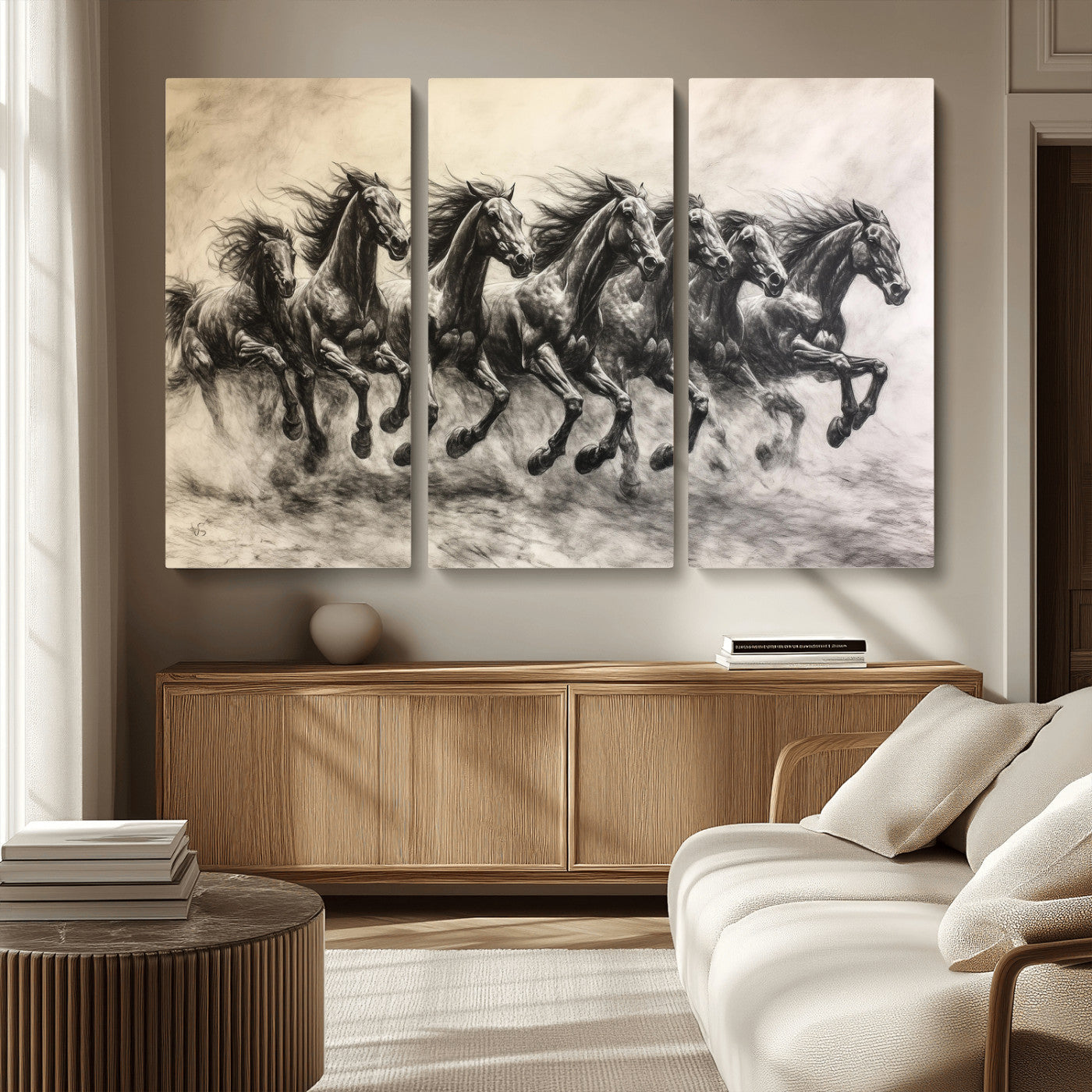 56089591-MGV-CV-36X24-Galloping Horses Wall Art Canvas Print, Framed Wild Stallions Art Picture Print, Horse Herd Sketch Perfect Monochrome Dynamic