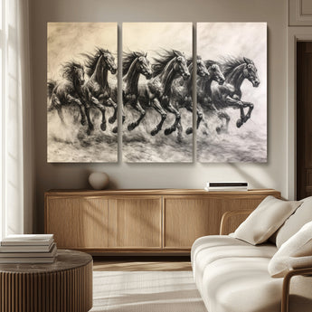 56089591-MGV-CV-36X24-Galloping Horses Wall Art Canvas Print, Framed Wild Stallions Art Picture Print, Horse Herd Sketch Perfect Monochrome Dynamic
