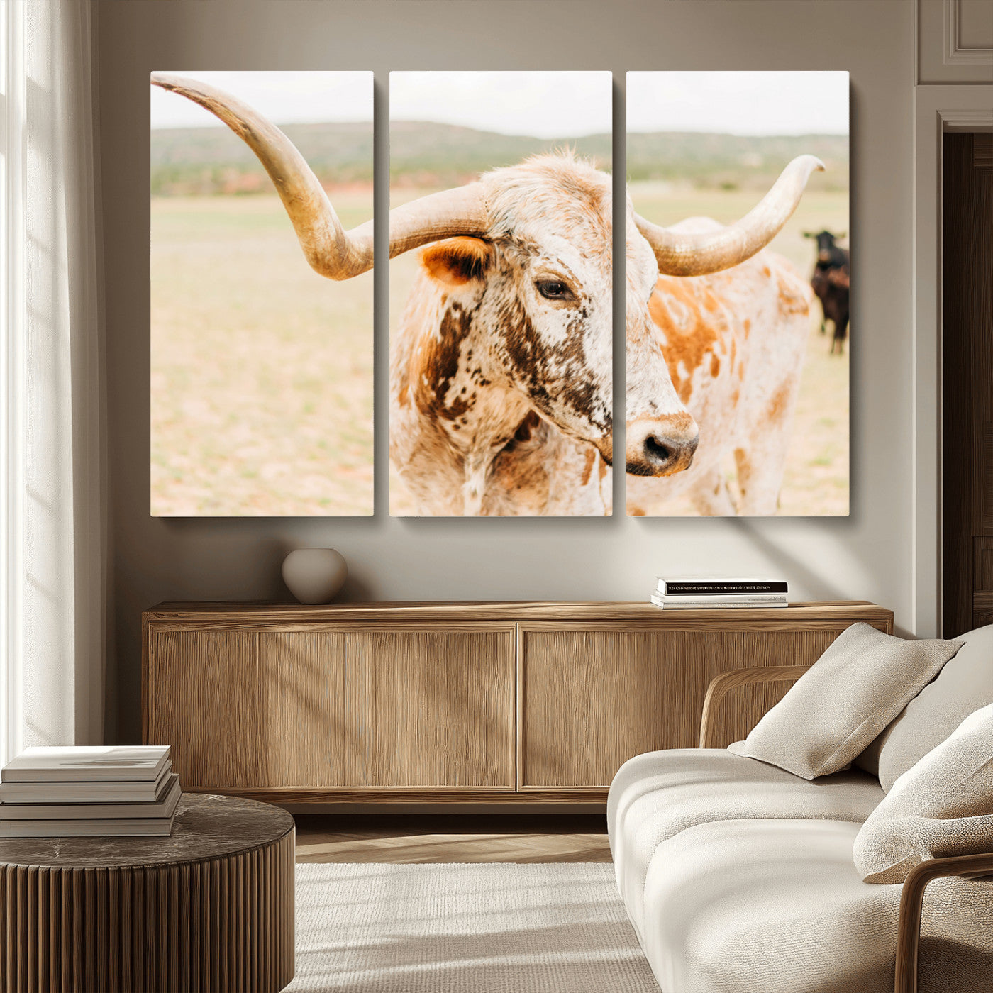 21060648-MGV-CV-36X24-Texas Longhorn Wall Art Canvas Print, Framed Speckled Cow Art Picture Print, Rustic Bull Perfect Rustic Western Decor Artwork