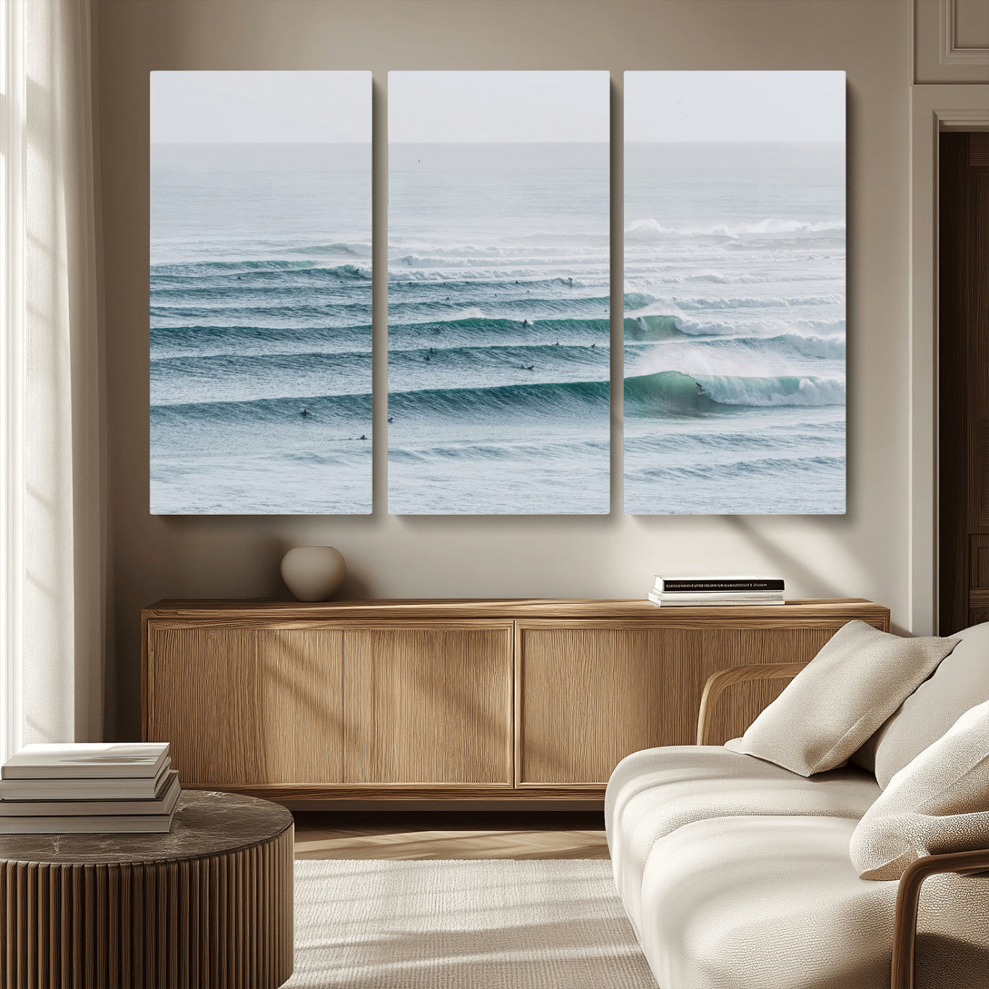 73969318-MGV-CV-36X24-Ocean Waves Wall Art Canvas Print, Framed Surfer Lineup Art Picture Print, Crowded Ocean Perfect Minimal Coastal Decor Artwork