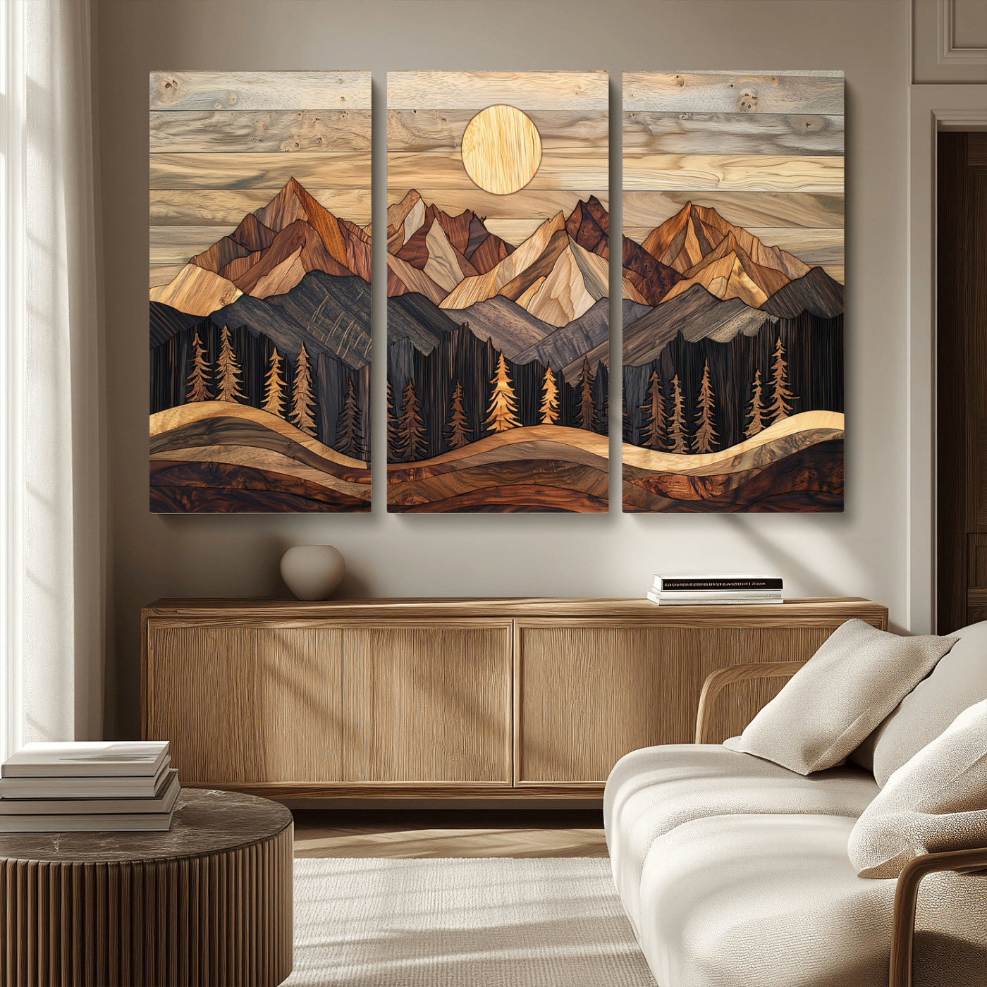 50100230-MGV-CV-36X24-Wooden Mountain Wall Art – Rustic Nature Landscape Canvas Print, Handmade Style Sun, Forest, and Peaks Artwork for Living Room,