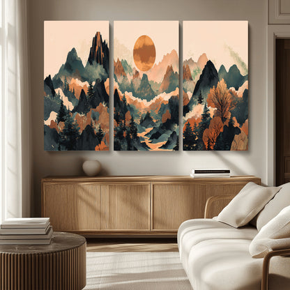 13012770-MGV-CV-36X24-Mountain Landscape Wall Art – Modern Nature Canvas Print with Sun, Misty Peaks, and Forest in Orange and Green Tones for Living