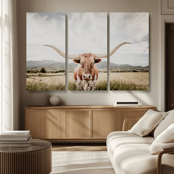 80054319-MGV-CV-36X24-Longhorn Wall Art – Rustic Western Canvas Print, Majestic Bull Artwork for Farmhouse, Ranch or Living Room