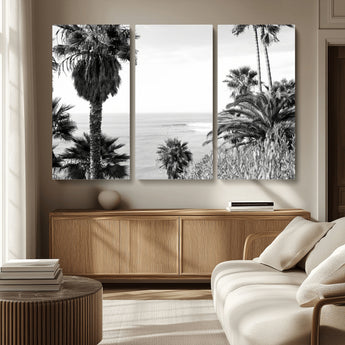 89458520-MGV-CV-36X24-Palm Trees Wall Art Canvas Print, Framed Coastal View Art Picture Print, Ocean Horizon Perfect Monochrome Coast Decor Artwork