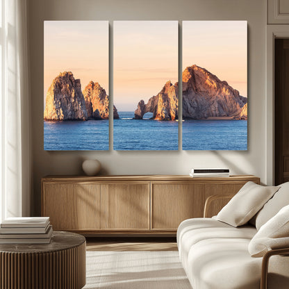 72996116-MGV-CV-36X24-El Arco Wall Art Canvas Print, Framed Cabo Rocks Art Picture Print, Ocean Arch Perfect Golden Coastal Landmark Decor Artwork