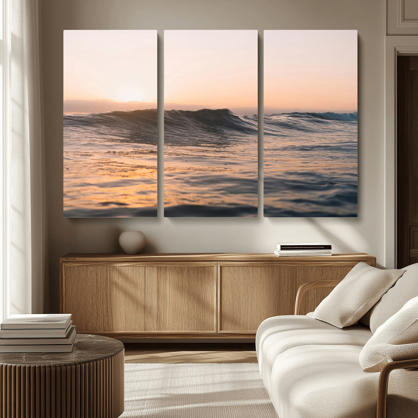 46299358-MGV-CV-36X24-Sunset Waves Wall Art Canvas Print, Framed Ocean Horizon Art Picture Print, Golden Water Perfect Golden Hour Coastal Decor Artwork
