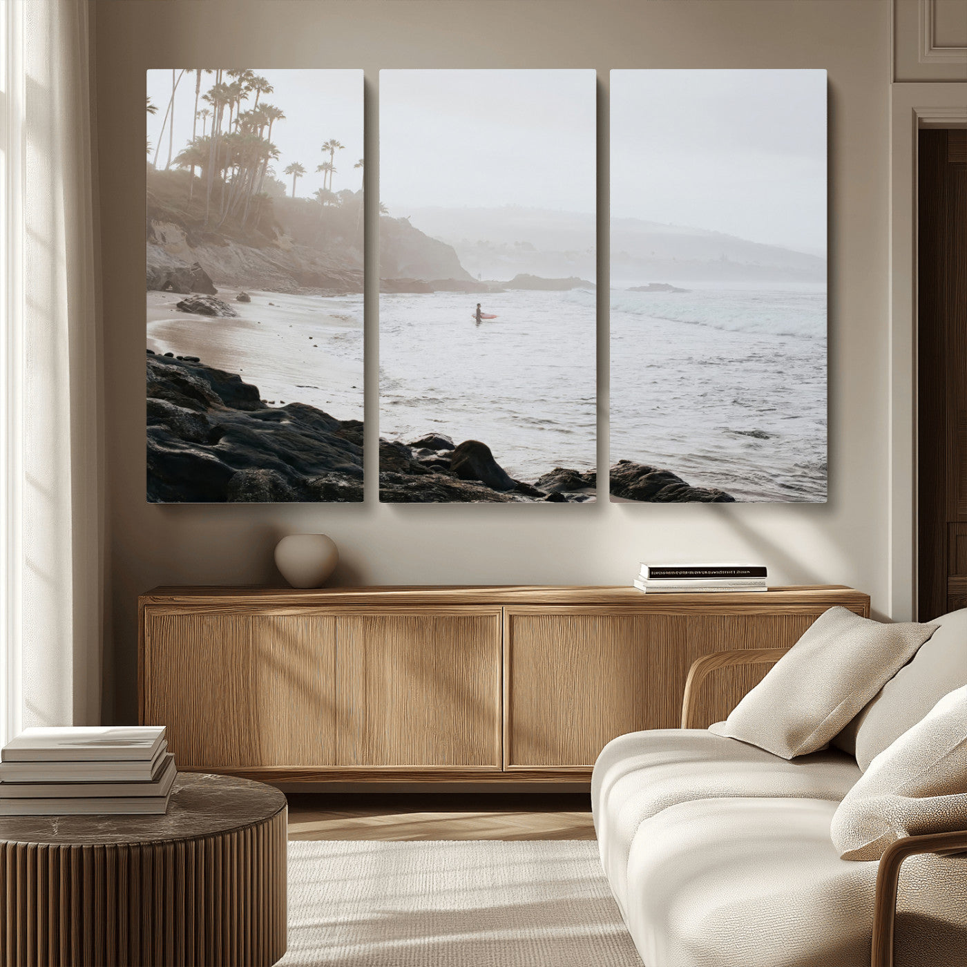 62501405-MGV-CV-36X24-Misty Beach Wall Art Canvas Print, Framed California Surfer Art Picture Print, Coastal Cliff Perfect Coastal Beach Decor Artwork