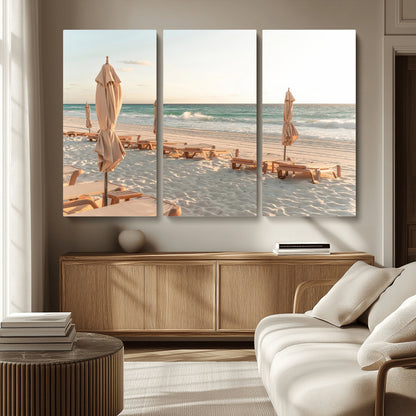 58507949-MGV-CV-36X24-Beach Umbrellas Wall Art Canvas Print, Framed Empty Loungers Art Picture Print, Soft Sand Perfect Minimalist Seaside Decor Artwork