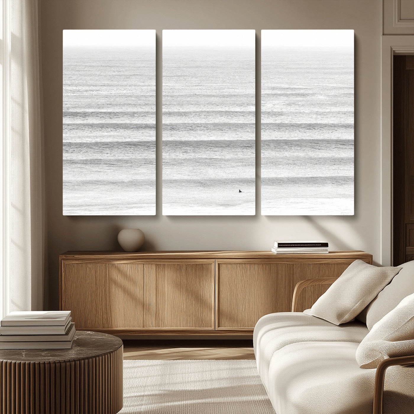 66534476-MGV-CV-36X24-Lone Surfer Wall Art Canvas Print, Framed Ocean Waves Art Picture Print, Minimal Sea Perfect Minimal Coastal Decor Artwork