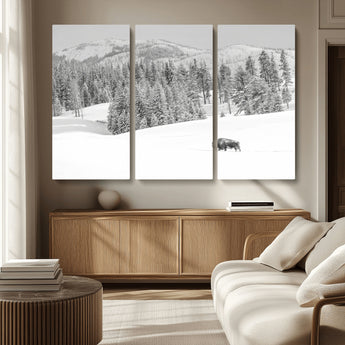 68081143-MGV-CV-36X24-Snowy Bison Wall Art Canvas Print, Framed Winter Forest Art Picture Print, Lone Bison Perfect Monochrome Winter Wild Decor Artwork