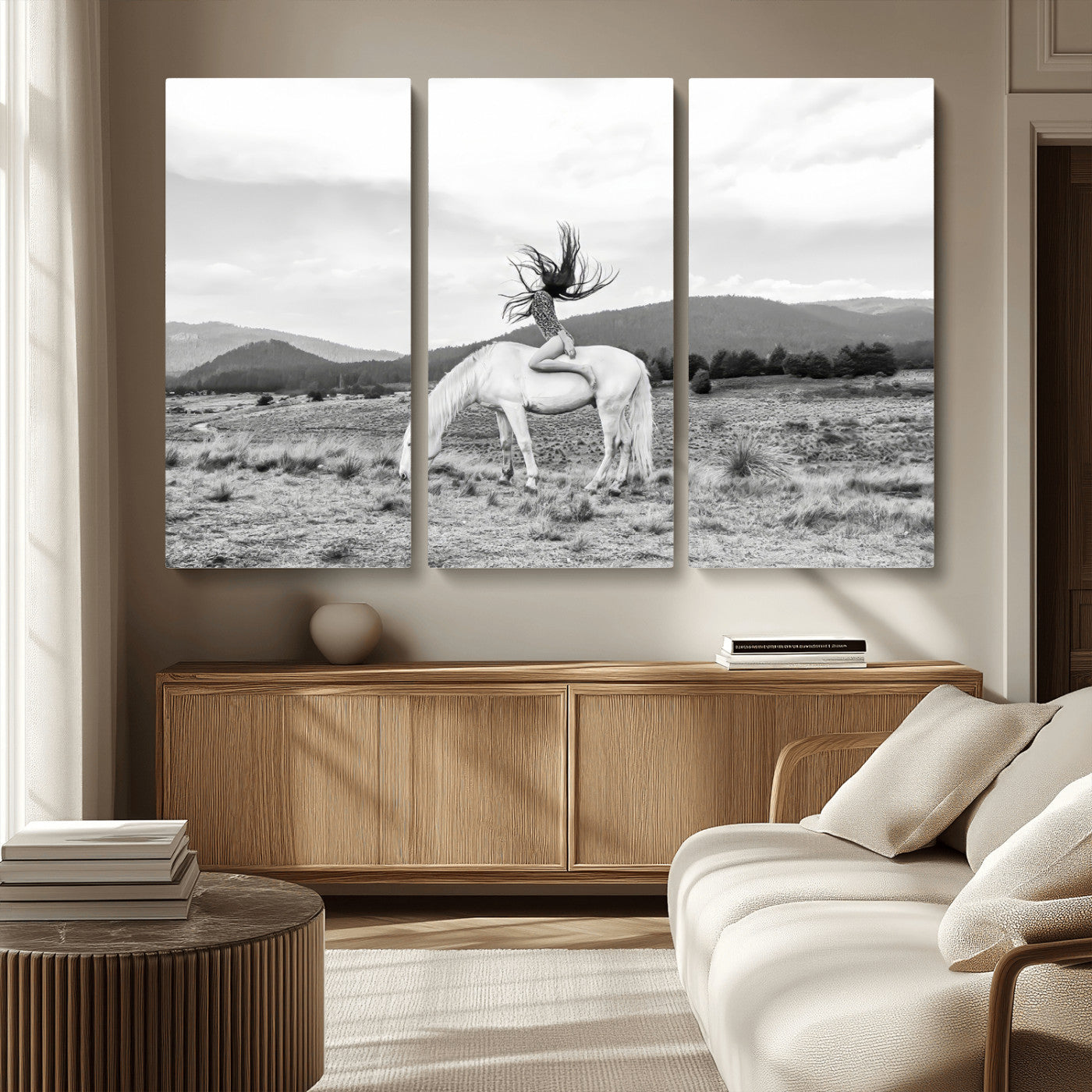 62789800-MGV-CV-36X24-White Horse Wall Art Canvas Print, Framed Woman Rider Art Picture Print, Equestrian Pose Perfect Western Boho Decor Artwork