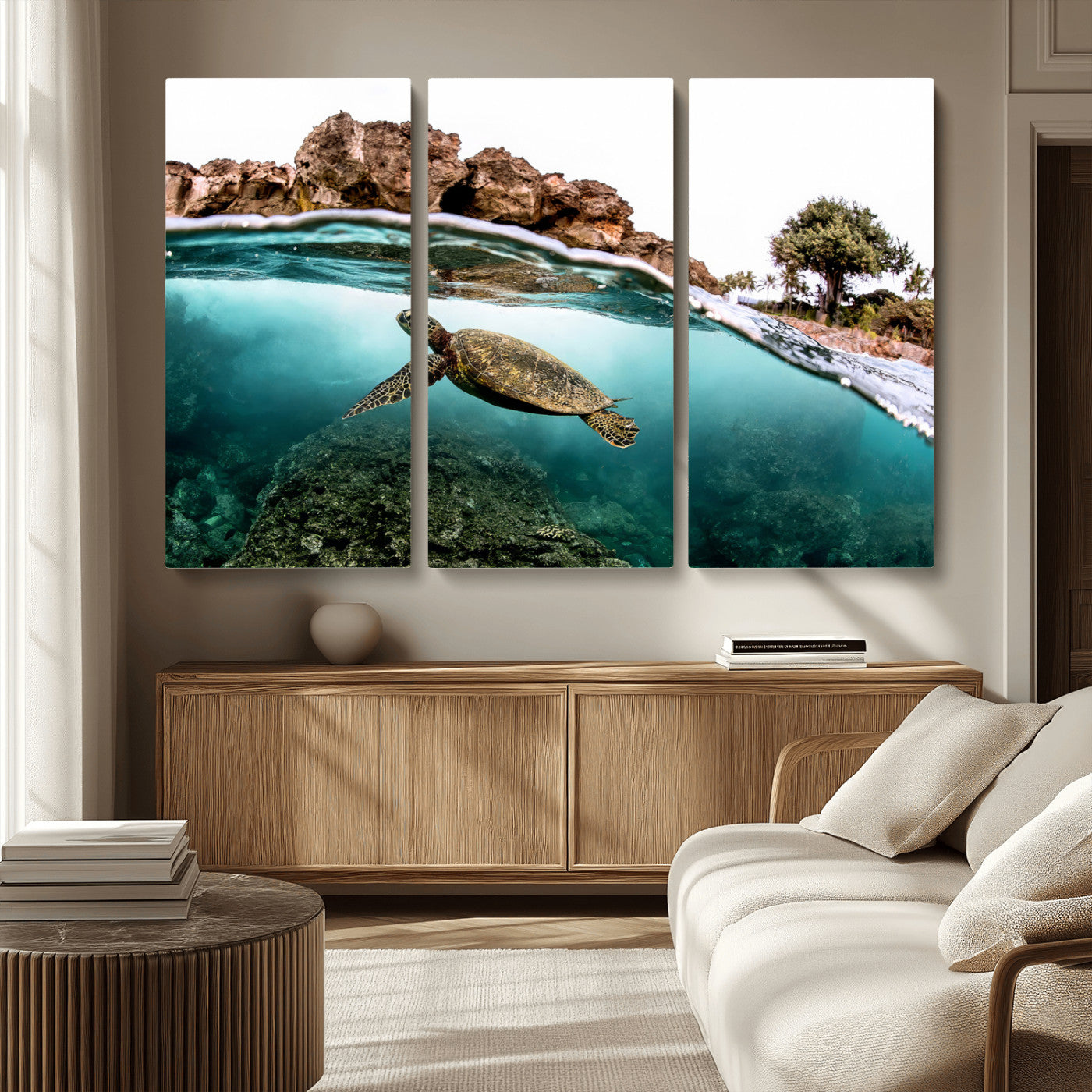 44200301-MGV-CV-36X24-Sea Turtle Swim Wall Art Canvas Print, Framed Ocean Life Art Picture Print, Tropical Shoreline Perfect Tropical Coastal Decor