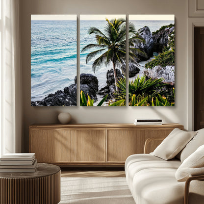 94669907-MGV-CV-36X24-Tropical Coastline Wall Art Canvas Print, Framed Palm Tree Art Picture Print, Rocky Beach Perfect Tropical Coastal Decor Artwork