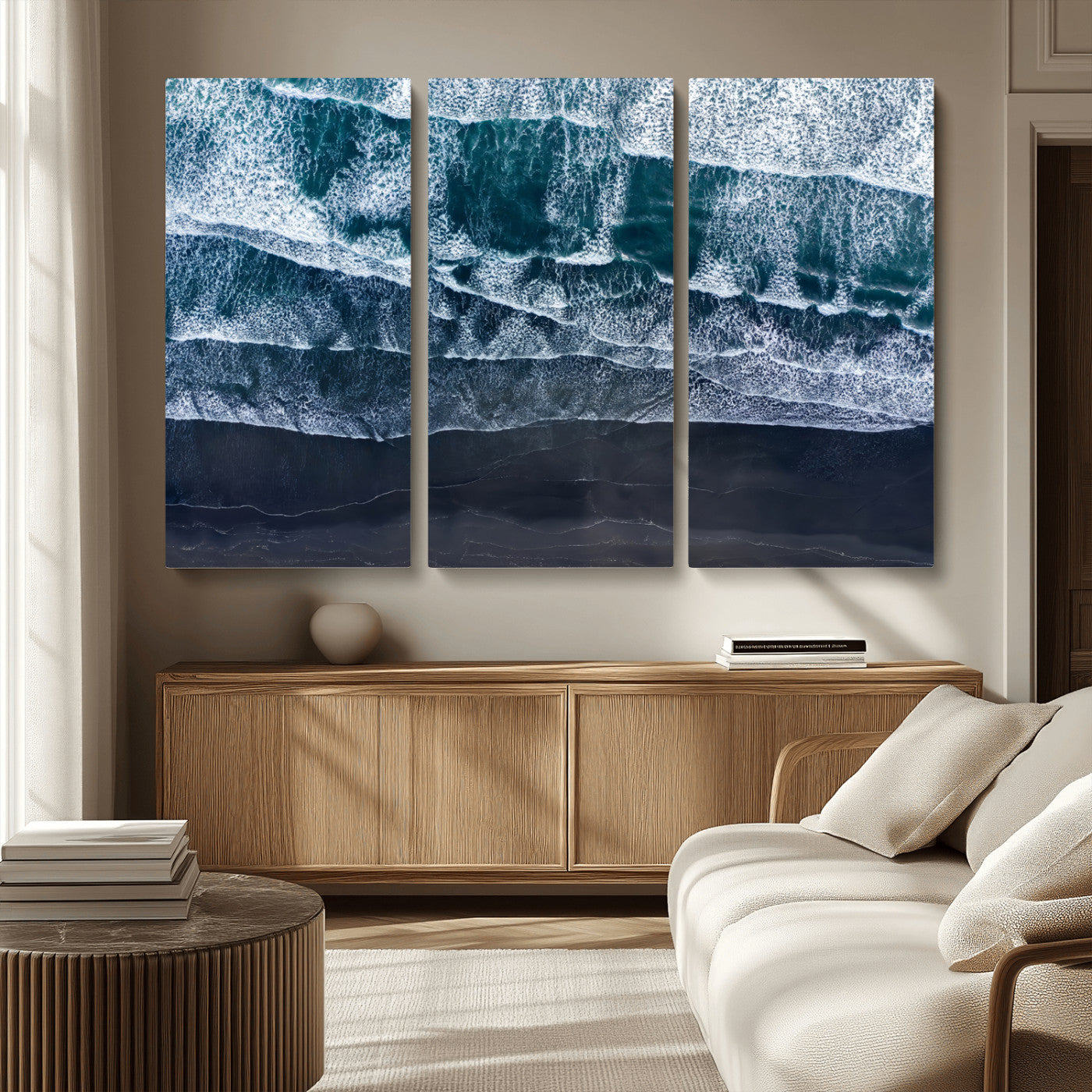 87941475-MGV-CV-36X24-Black Beach Wall Art Canvas Print, Framed Aerial Ocean Art Picture Print, Moody Coastal Perfect Modern Coastal Decor Artwork