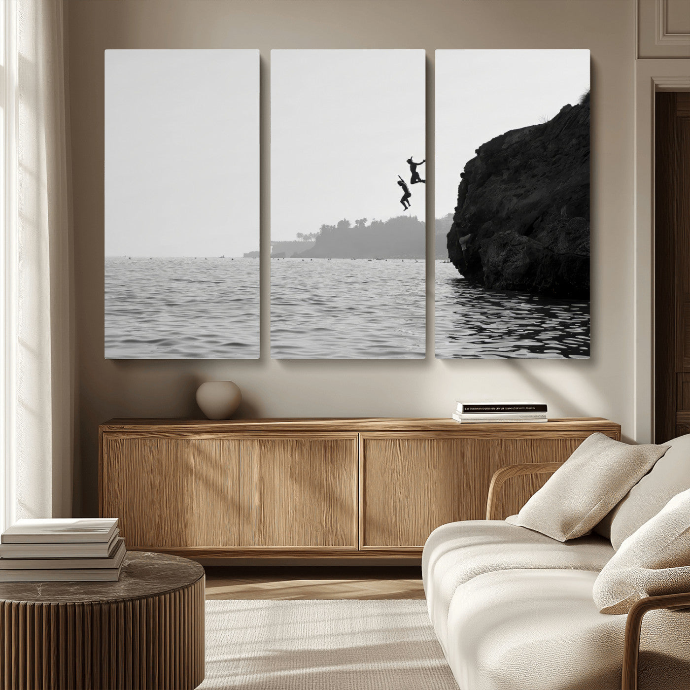 52284302-MGV-CV-36X24-Cliff Jumping Wall Art Canvas Print, Framed Ocean Adventure Art Picture Print, Black White Coast Perfect Modern Coastal Decor