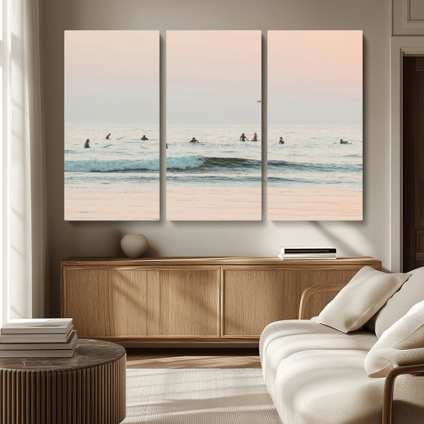 98888919-MGV-CV-36X24-Pastel Ocean Wall Art Canvas Print, Framed Soft Sunset Swimming Art Picture Print, Calm Sea Horizon Perfect Soft Coastal
