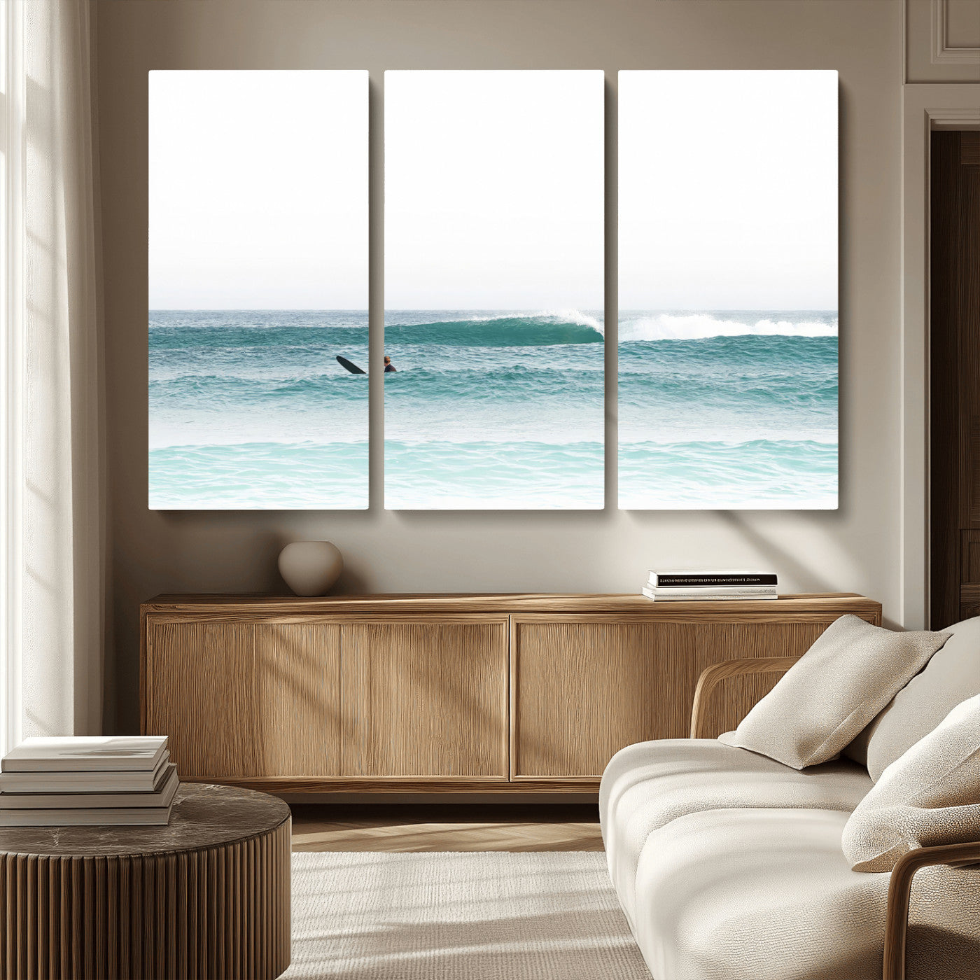 56345117-MGV-CV-36X24-Minimalist Surfing Wall Art Canvas Print, Framed Ocean Waves Art Picture Print, Soft Ocean Perfect Minimalist Coastal Decor