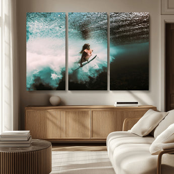 85923512-MGV-CV-36X24-Aquatic Motion Wall Art Canvas Print, Framed Underwater Swimming Art Picture Print, Female Surfer Diving Perfect Coastal Boho