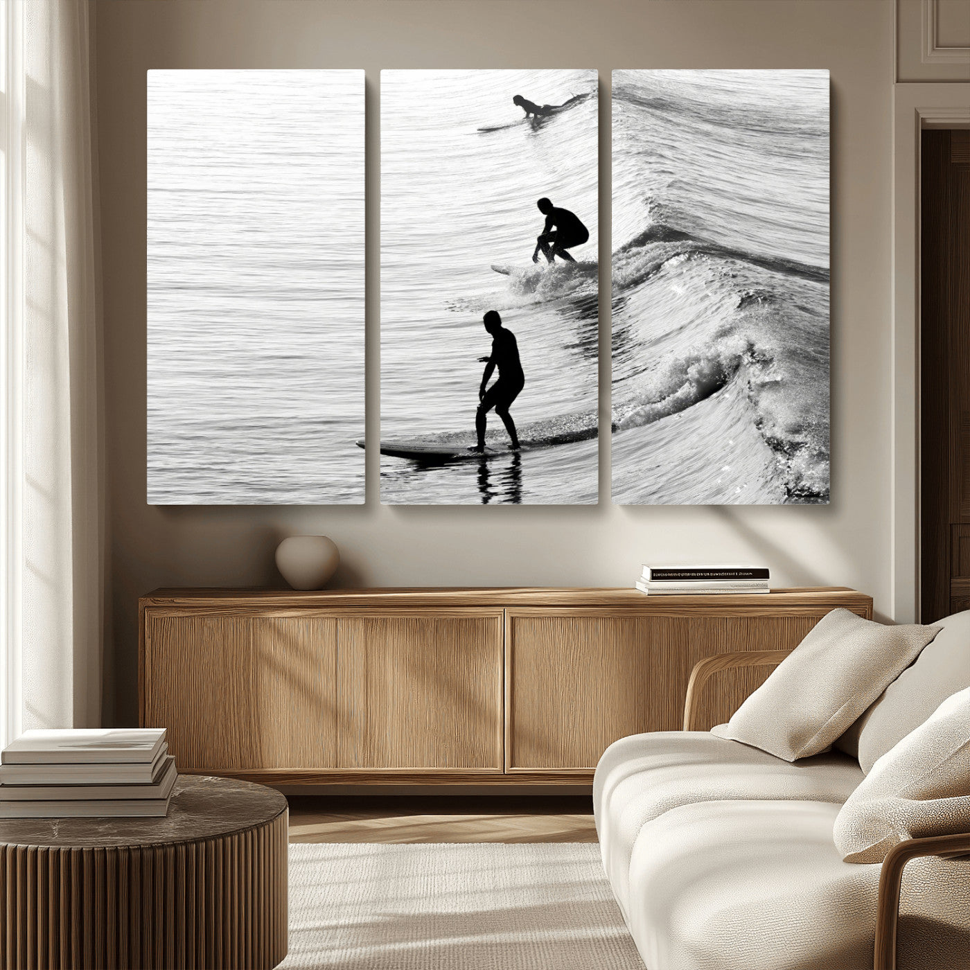 19875284-MGV-CV-36X24-Surfer Waves Wall Art Canvas Print, Framed Black White Surf Art Picture Print, Monochrome Ocean Perfect Modern Coastal Decor