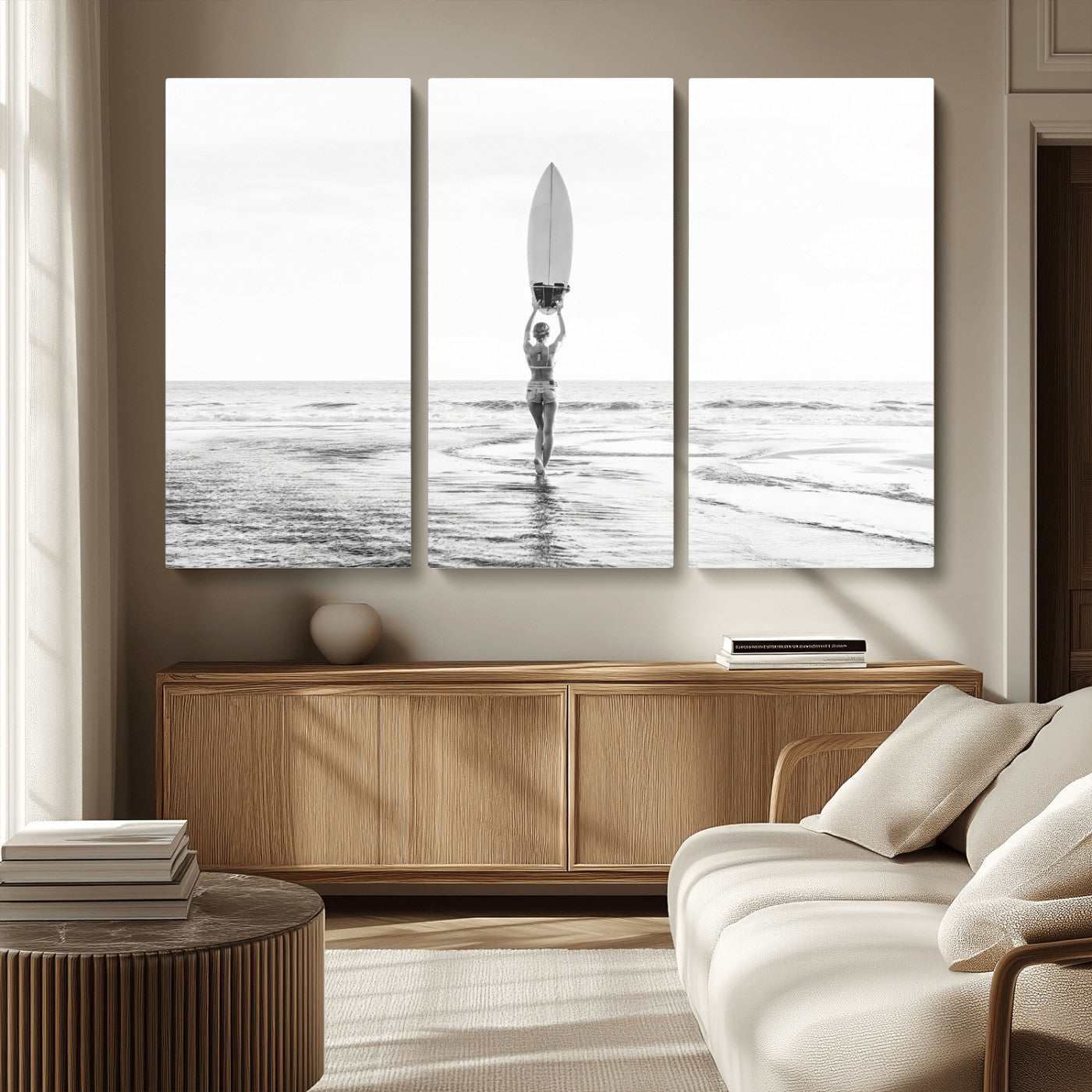 98446901-MGV-CV-36X24-Monochrome Surf Wall Art Canvas Print, Framed Minimalist Surfer Art Picture Print, Surfboard Silhouette Perfect Coastal Minimalist