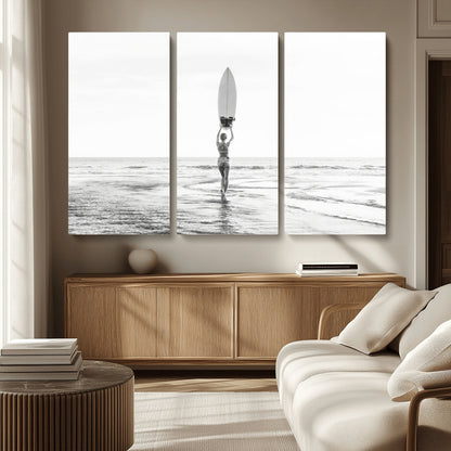 98446901-MGV-CV-36X24-Monochrome Surf Wall Art Canvas Print, Framed Minimalist Surfer Art Picture Print, Surfboard Silhouette Perfect Coastal Minimalist