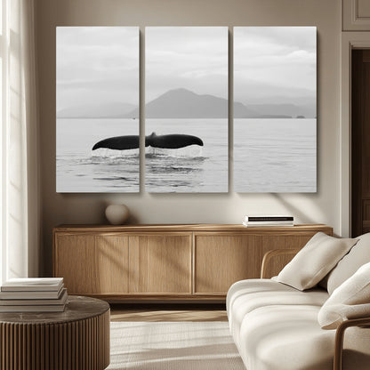 30524220-MGV-CV-36X24-Whale Tail Wall Art Canvas Print, Framed Black White Ocean Art Picture Print, Calm Marine Perfect Minimalist Coastal Decor Artwork