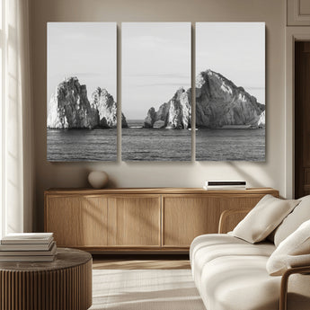 18810731-MGV-CV-36X24-Rugged Coastline Wall Art Canvas Print, Framed Ocean Cliffs Art Picture Print, Monochrome Seascape Perfect Coastal Minimalist