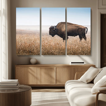 99620201-MGV-CV-36X24-Wild Bison Wall Art Canvas Print, Framed Bison in Prairie Art Picture Print, Rustic Western Perfect Rustic Western Decor Artwork