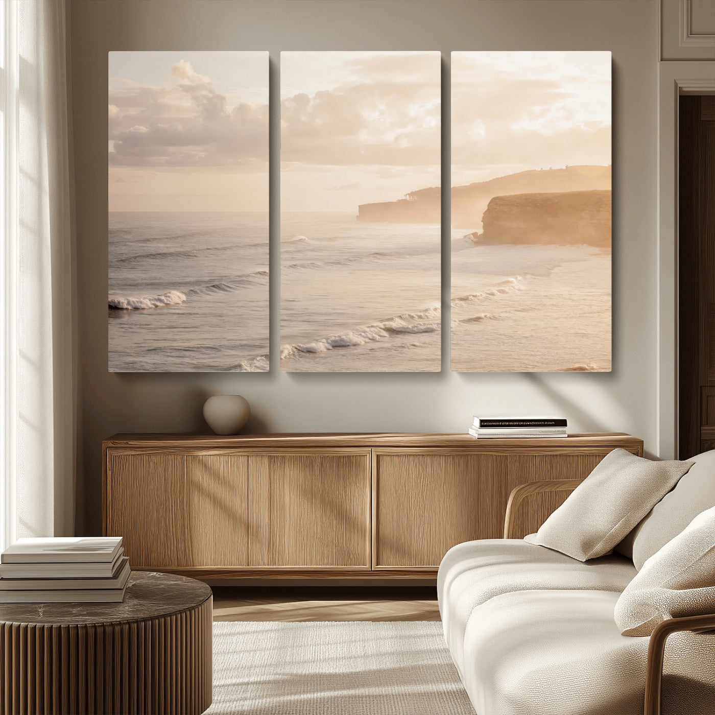 57669769-MGV-CV-36X24-Misty Coastal Wall Art Canvas Print, Framed Golden Sunset Art Picture Print, Serene Shoreline Perfect Tranquil Coastal Decor