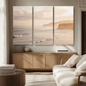 57669769-MGV-CV-36X24-Misty Coastal Wall Art Canvas Print, Framed Golden Sunset Art Picture Print, Serene Shoreline Perfect Tranquil Coastal Decor