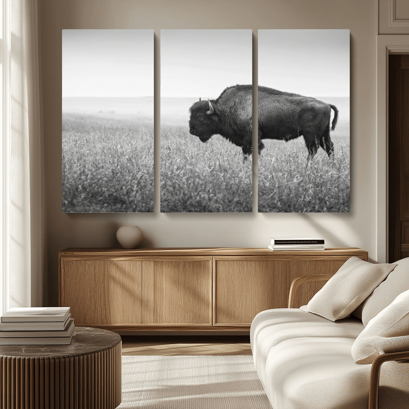 28435251-MGV-CV-36X24-Bison In Prairie Wall Art Canvas Print, Framed Rustic Wildlife Art Picture Print, Wild Buffalo Perfect Rustic Western Decor