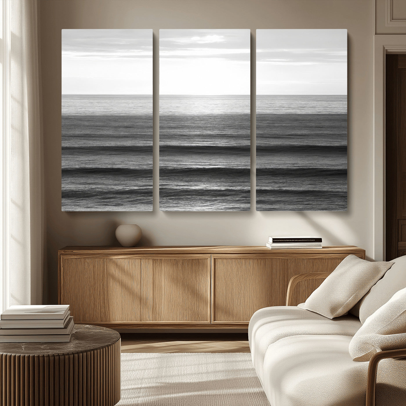 47305203-MGV-CV-36X24-Monochrome Ocean Wall Art Canvas Print, Framed Moody Ocean Art Picture Print, Calm Ocean Perfect Minimalist Coastal Decor Artwork