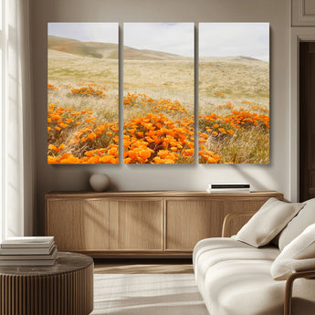 28972262-MGV-CV-36X24-Golden Wildflowers Wall Art Canvas Print, Framed Hills Bloom Art Picture Print, Poppy Meadow Perfect Rustic Nature Decor Artwork