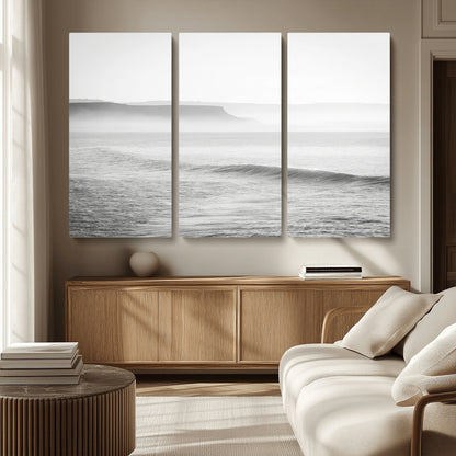 60635783-MGV-CV-36X24-Black White Seascape Wall Art Canvas Print, Framed Ocean Waves Art Picture Print, Misty Coastal Perfect Minimalist Coastal Decor