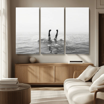 26667396-MGV-CV-36X24-Black White Ocean Wall Art Canvas Print, Framed Monochrome Water Art Picture Print, Diving into Water Perfect Minimalist Aquatic