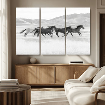 69934913-MGV-CV-36X24-Wild Horses Running Wall Art Canvas Print, Framed Black White Mustangs Art Picture Print, Rustic Western Perfect Rustic Western