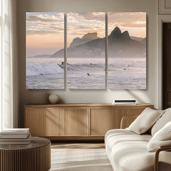 70644906-MGV-CV-36X24-Sunset Surfing Wall Art Canvas Print, Framed Misty Mountains Art Picture Print, Surfer Riding Wave Perfect Coastal Adventure Decor