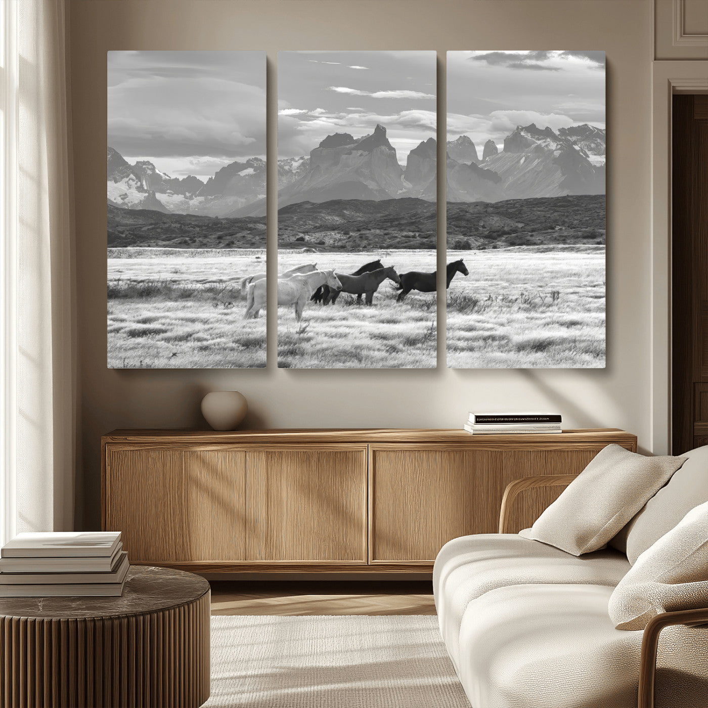 21655040-MGV-CV-36X24-Wild Horses Wall Art Canvas Print, Framed Black White Mountains Art Picture Print, Rustic Countryside Perfect Rustic Western Decor