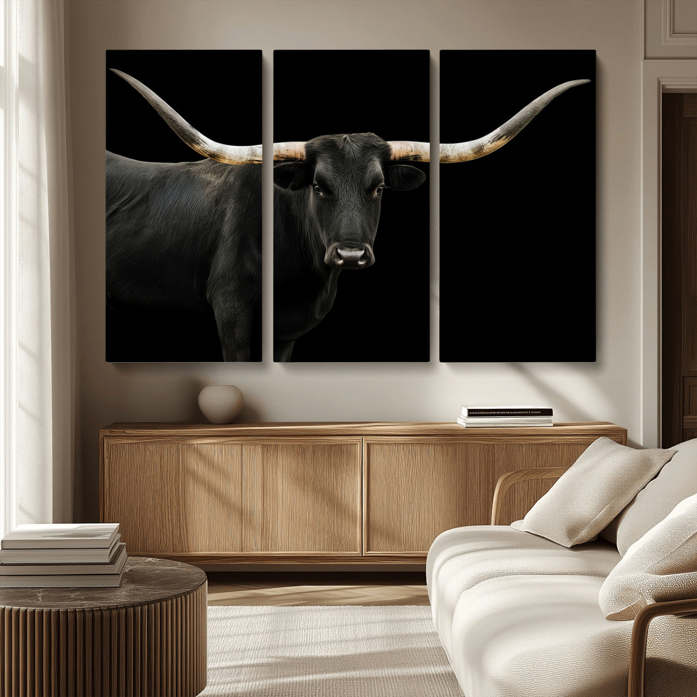 99448328-MGV-CV-36X24-Longhorn Cattle Wall Art Canvas Print, Framed Texas Ranch Art Picture Print, Western Cow Perfect Farmhouse Decor Artwork