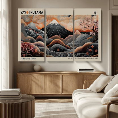 55739266-MGV-CV-36X24-Japanese Wall Art Print – Abstract Yayoi Kusama Inspired Dotted Landscape Poster, Surreal Oriental Mountain and Cherry Blossom