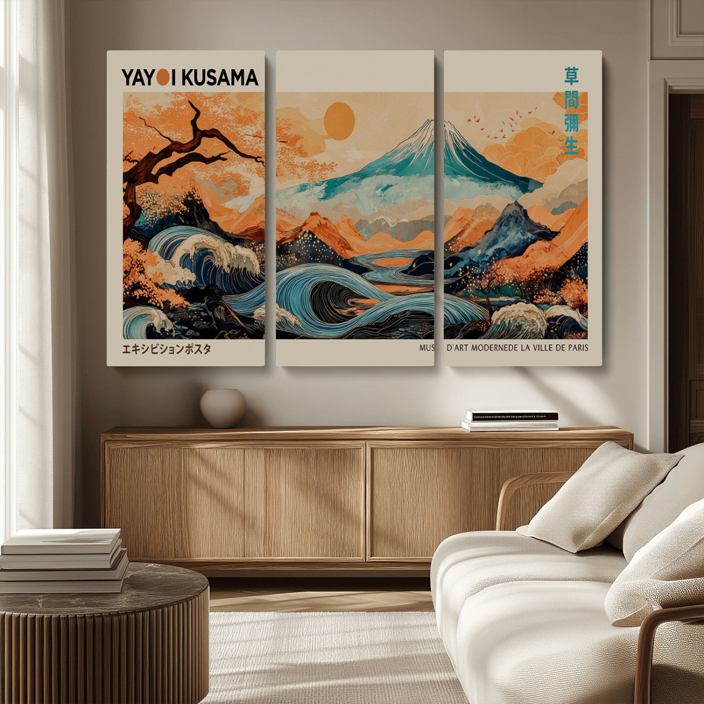 22373530-MGV-CV-36X24-Japanese Mt Fuji Wave Art Print – Ukiyo e Inspired Sun & Cherry Blossom Poster, Traditional Asian Landscape Painting, Modern