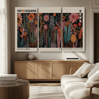 28344895-MGV-CV-36X24-Dark Floral Abstract Wall Art Poster – Modern Botanical Canvas Print with Beige Border, Kusama Inspired Boho Flower Painting,