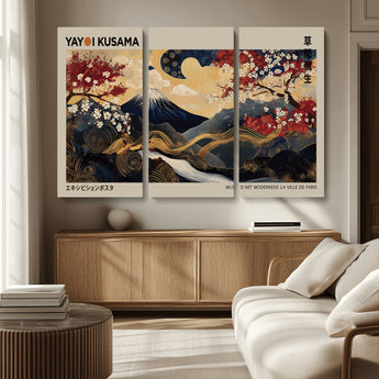 54967195-MGV-CV-36X24-Mount Fuji Wall Art – Japanese Cherry Blossom Abstract Canvas Print, Navy Gold Landscape Painting, Oriental Luxury Home Decor