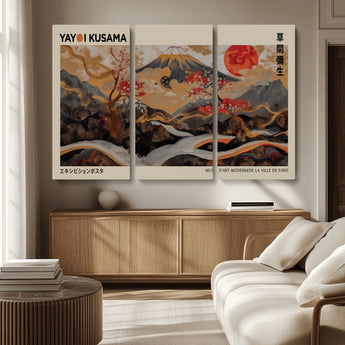 77970791-MGV-CV-36X24-Mount Fuji Golden Abstract Wall Art – Japanese Landscape Canvas Poster, Cherry Blossom & Red Sun Painting, Elegant Zen Oriental